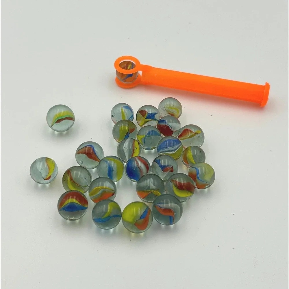 Vintage Cat‎ Eye Glass Marbles Lot of 24 Multi Color Swirl with Orange Tool